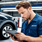 **

A mechanic intently writing in a digital journal on a tablet in a modern auto repair shop. Hybrid and electric vehicles are visible in the background. Focus on the mechanic's face showing concentration and the advanced technology surrounding them. Words like "EV," "data analysis," and "skill up" subtly overlayed on the image.

**