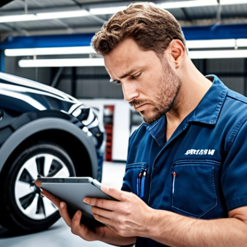 **

A mechanic intently writing in a digital journal on a tablet in a modern auto repair shop. Hybrid and electric vehicles are visible in the background. Focus on the mechanic's face showing concentration and the advanced technology surrounding them. Words like "EV," "data analysis," and "skill up" subtly overlayed on the image.

**