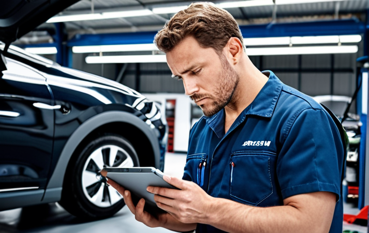 **

A mechanic intently writing in a digital journal on a tablet in a modern auto repair shop. Hybrid and electric vehicles are visible in the background. Focus on the mechanic's face showing concentration and the advanced technology surrounding them. Words like "EV," "data analysis," and "skill up" subtly overlayed on the image.

**