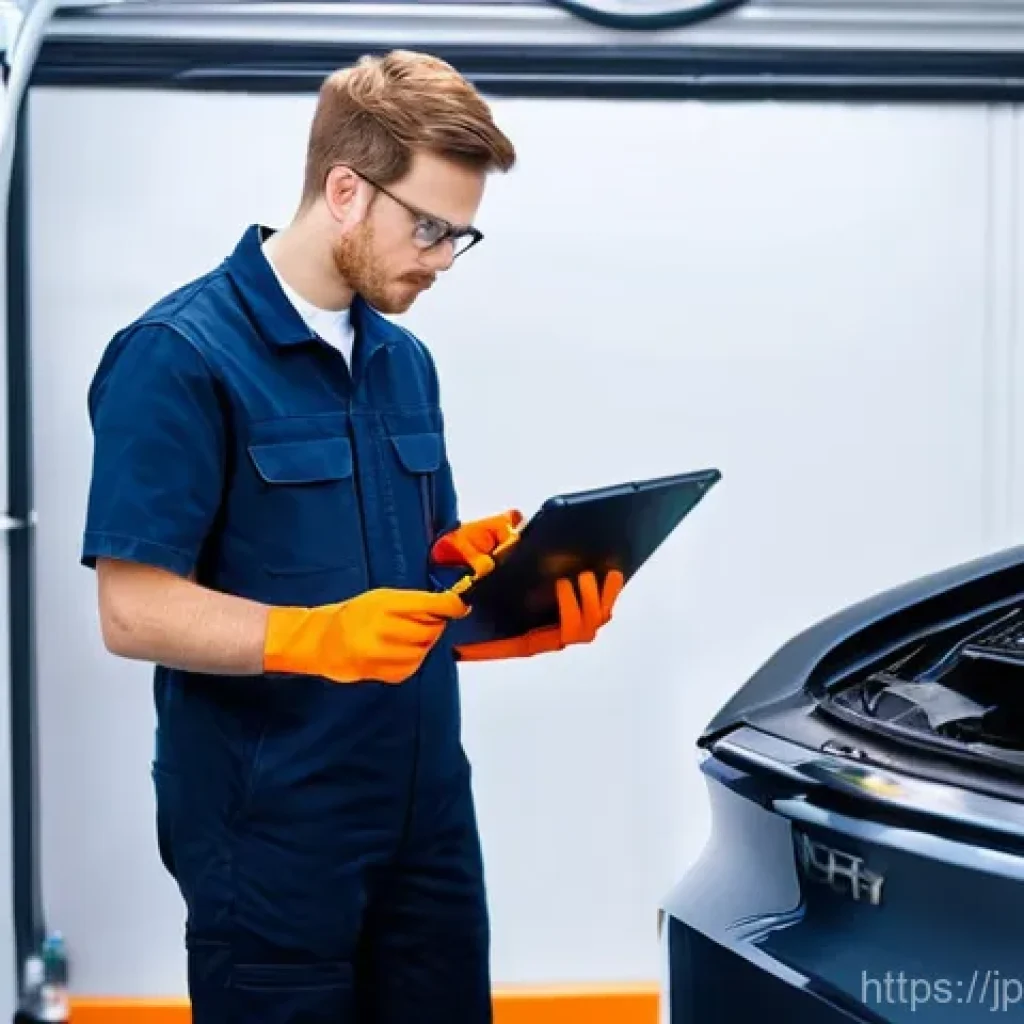 자동차정비 실기시험 연습용 차량 추천 - **Prompt 1: Modern EV/Hybrid Diagnostics Training**
    A young, focused automotive technician, appe...