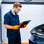 자동차정비 실기시험 연습용 차량 추천 - **Prompt 1: Modern EV/Hybrid Diagnostics Training**
    A young, focused automotive technician, appe...