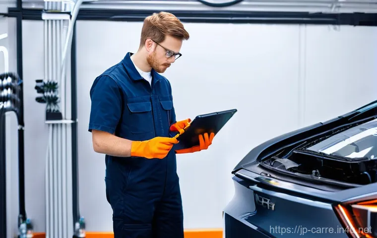 자동차정비 실기시험 연습용 차량 추천 - **Prompt 1: Modern EV/Hybrid Diagnostics Training**
    A young, focused automotive technician, appe...