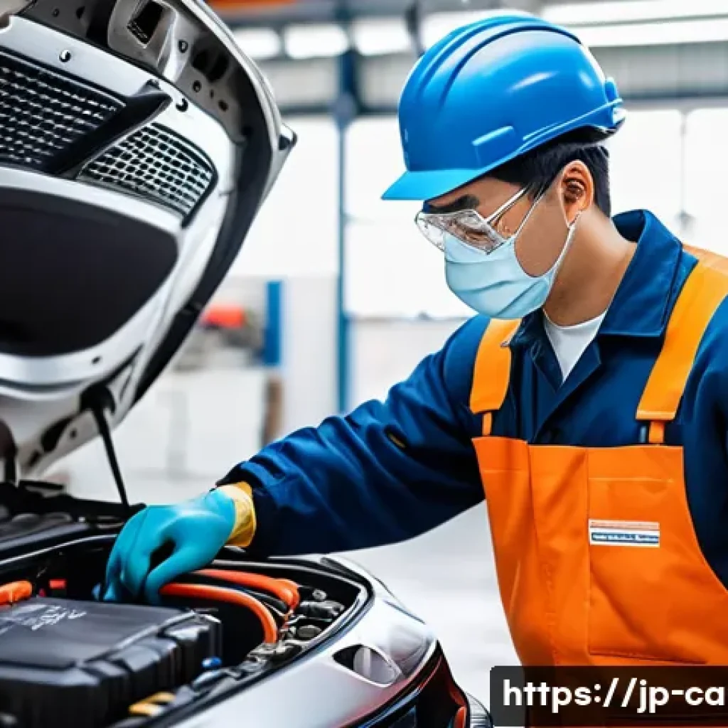 자동차정비 실무와 친환경 자동차 기술 - A professional Japanese auto mechanic wearing insulated gloves and using specialized insulated tools...