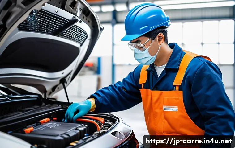 자동차정비 실무와 친환경 자동차 기술 - A professional Japanese auto mechanic wearing insulated gloves and using specialized insulated tools...