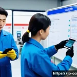 자동차정비 실무 현장에서의 커뮤니케이션 - A busy Japanese automotive repair shop interior with a diverse team of mechanics wearing clean unifo...