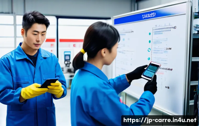 자동차정비 실무 현장에서의 커뮤니케이션 - A busy Japanese automotive repair shop interior with a diverse team of mechanics wearing clean unifo...