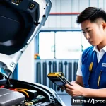 자동차정비기사 취업 성공 전략 - A Japanese automotive mechanic workshop scene featuring a young male technician wearing a clean, mod...