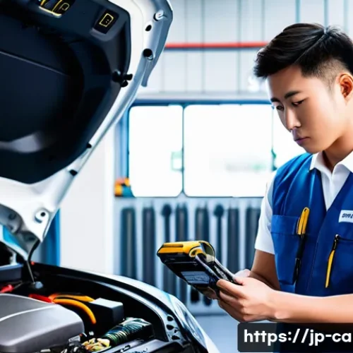 자동차정비기사 취업 성공 전략 - A Japanese automotive mechanic workshop scene featuring a young male technician wearing a clean, mod...