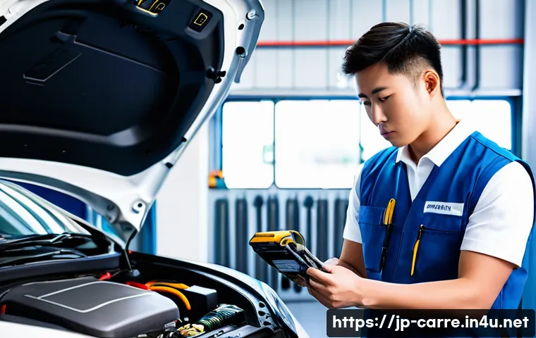 자동차정비기사 취업 성공 전략 - A Japanese automotive mechanic workshop scene featuring a young male technician wearing a clean, mod...