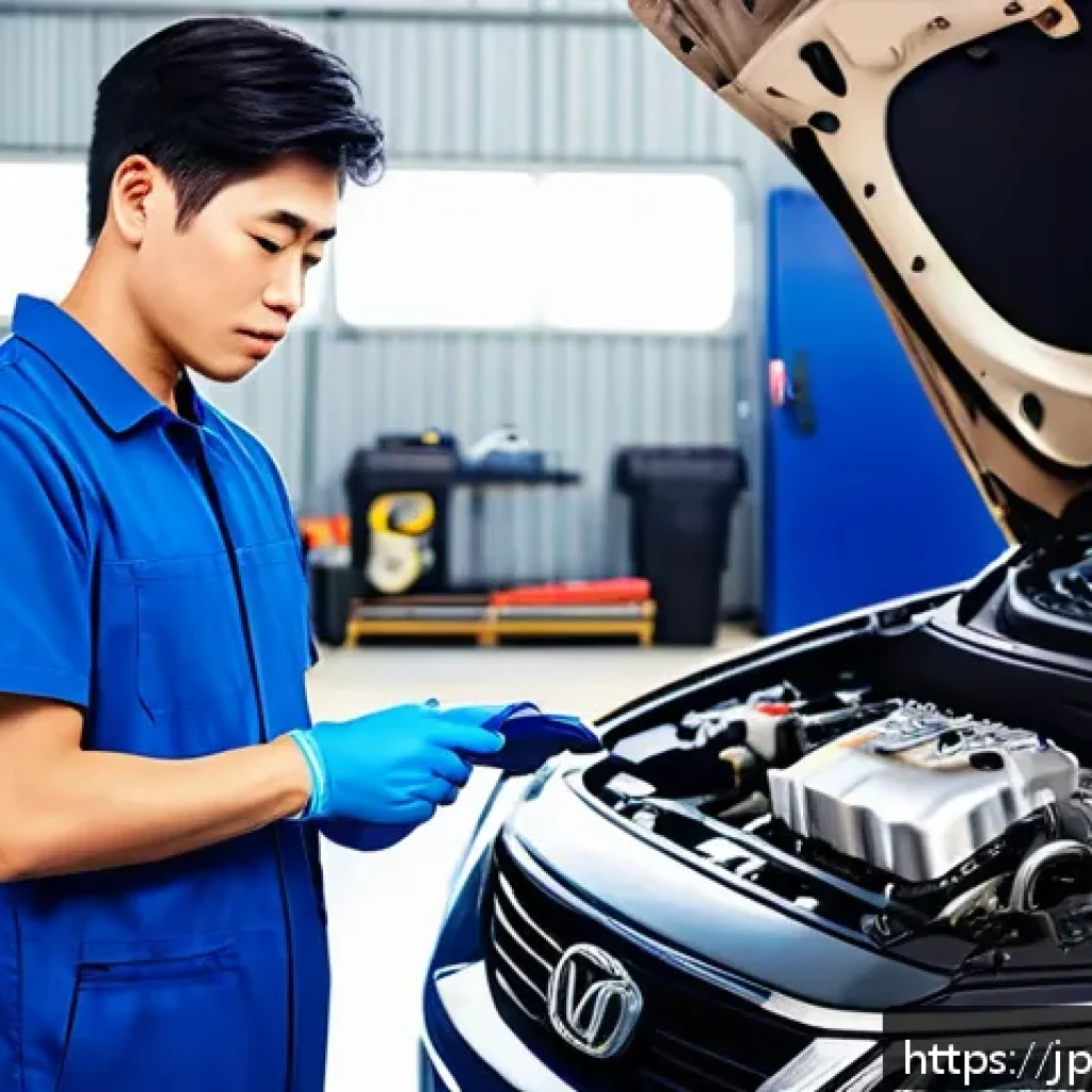 자동차정비 실기시험 팁과 유의사항 - A focused Japanese automotive technician in his 20s wearing a clean blue work uniform and safety glo...