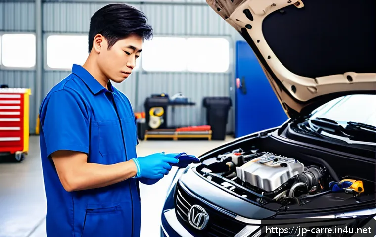 자동차정비 실기시험 팁과 유의사항 - A focused Japanese automotive technician in his 20s wearing a clean blue work uniform and safety glo...