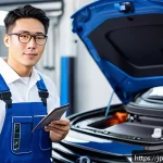 자동차정비기사 이직 사례 분석 - A modern Japanese auto mechanic workshop with a young male technician in his early 30s wearing clean...