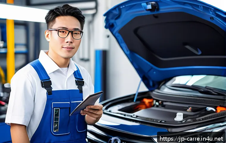 자동차정비기사 이직 사례 분석 - A modern Japanese auto mechanic workshop with a young male technician in his early 30s wearing clean...