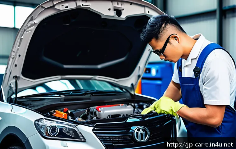 자동차정비기사 연봉 지역별 차이 - A modern Japanese urban auto repair workshop scene featuring a skilled male mechanic in clean, profe...