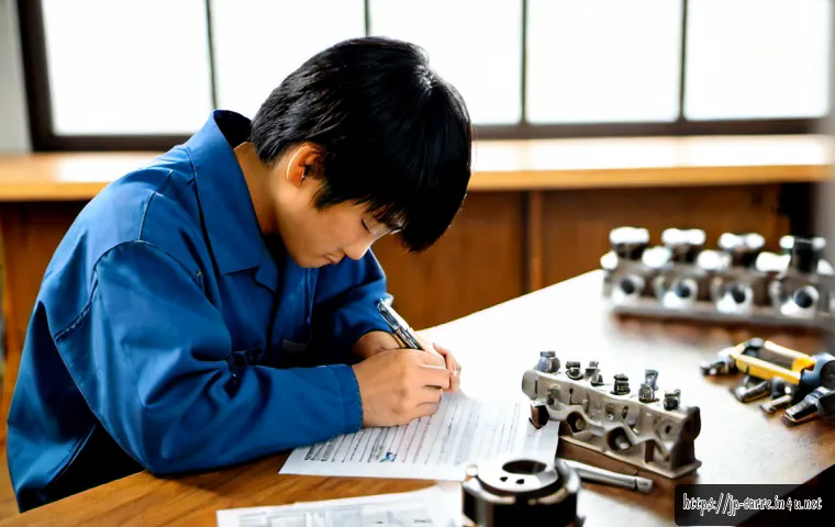 자동차정비기사 시험 후기 모음 - Photorealistic Japanese automotive mechanic certification exam preparation scene, focused adult trai...